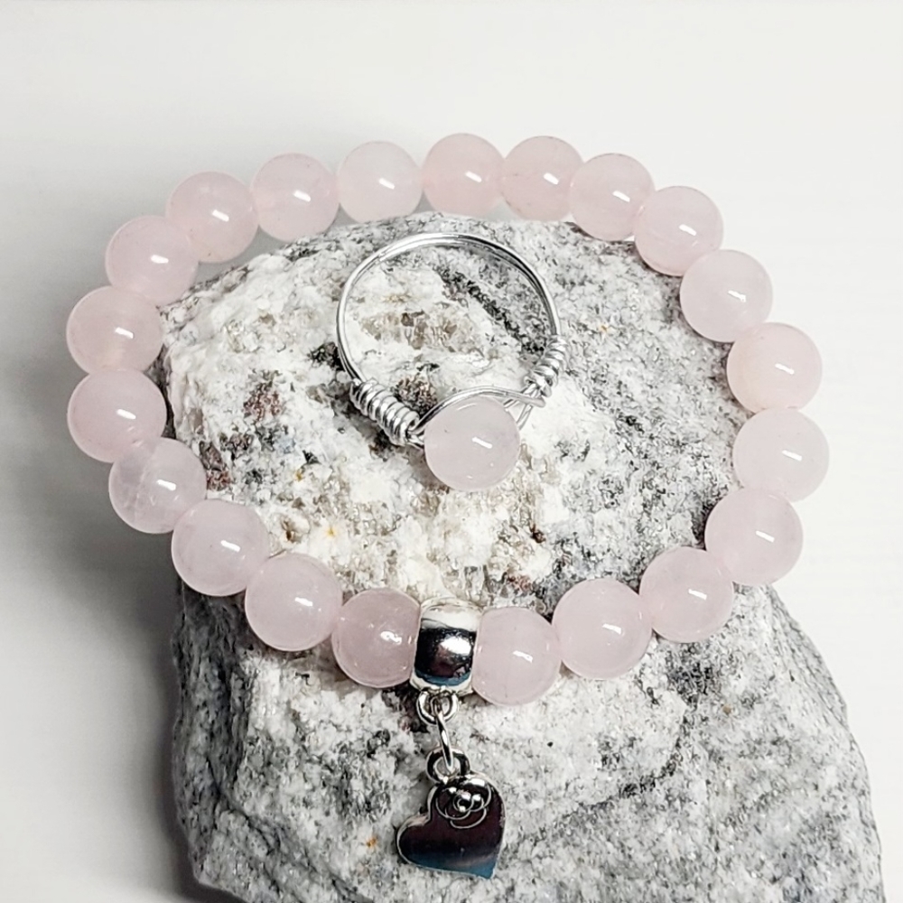 Rose Quartz Beaded Stretch Bracelet Tibetan Silver Heart Charm Handmade